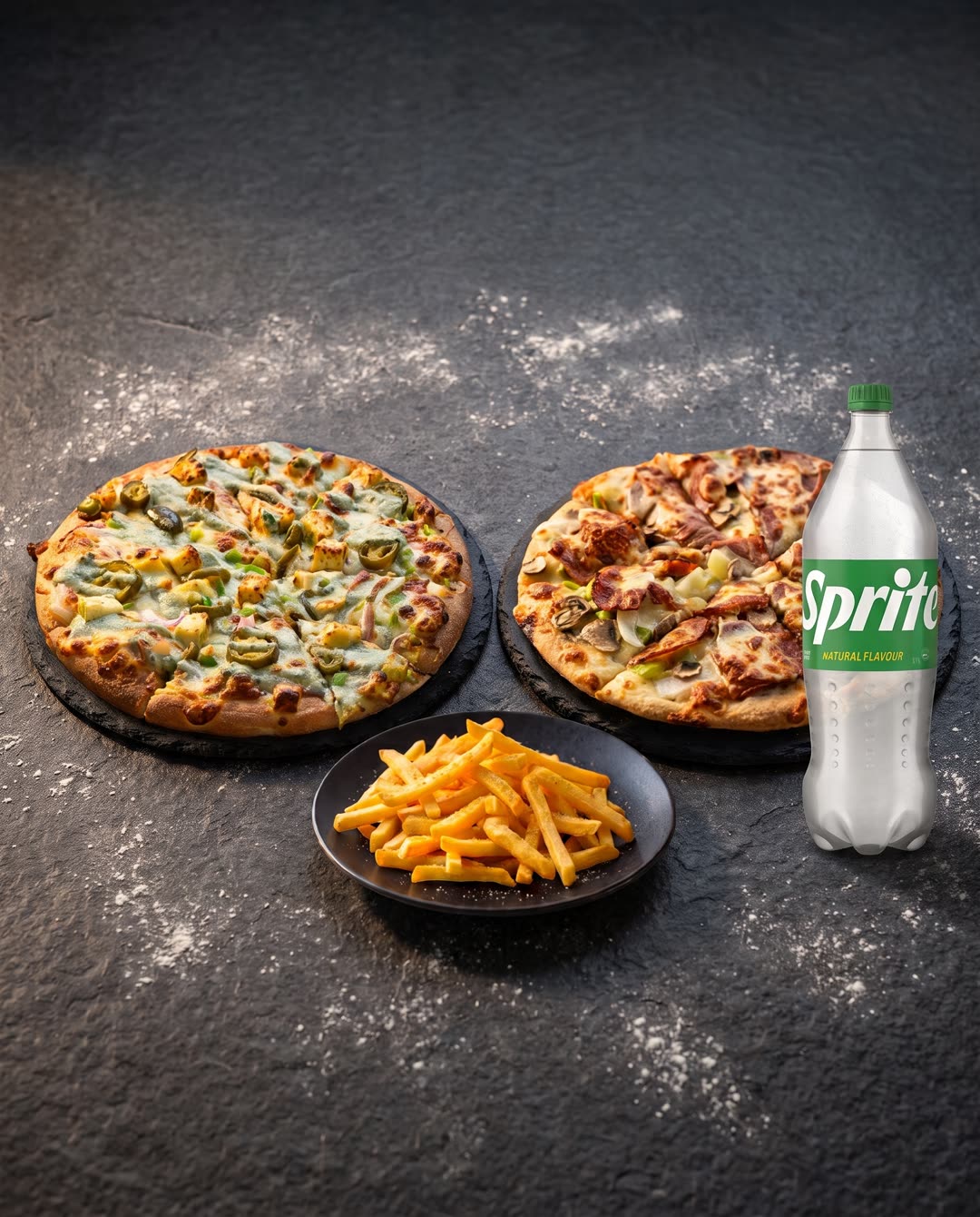 Two large pizzas, a bowl of chips and a 1.5L Sprite on dark stone