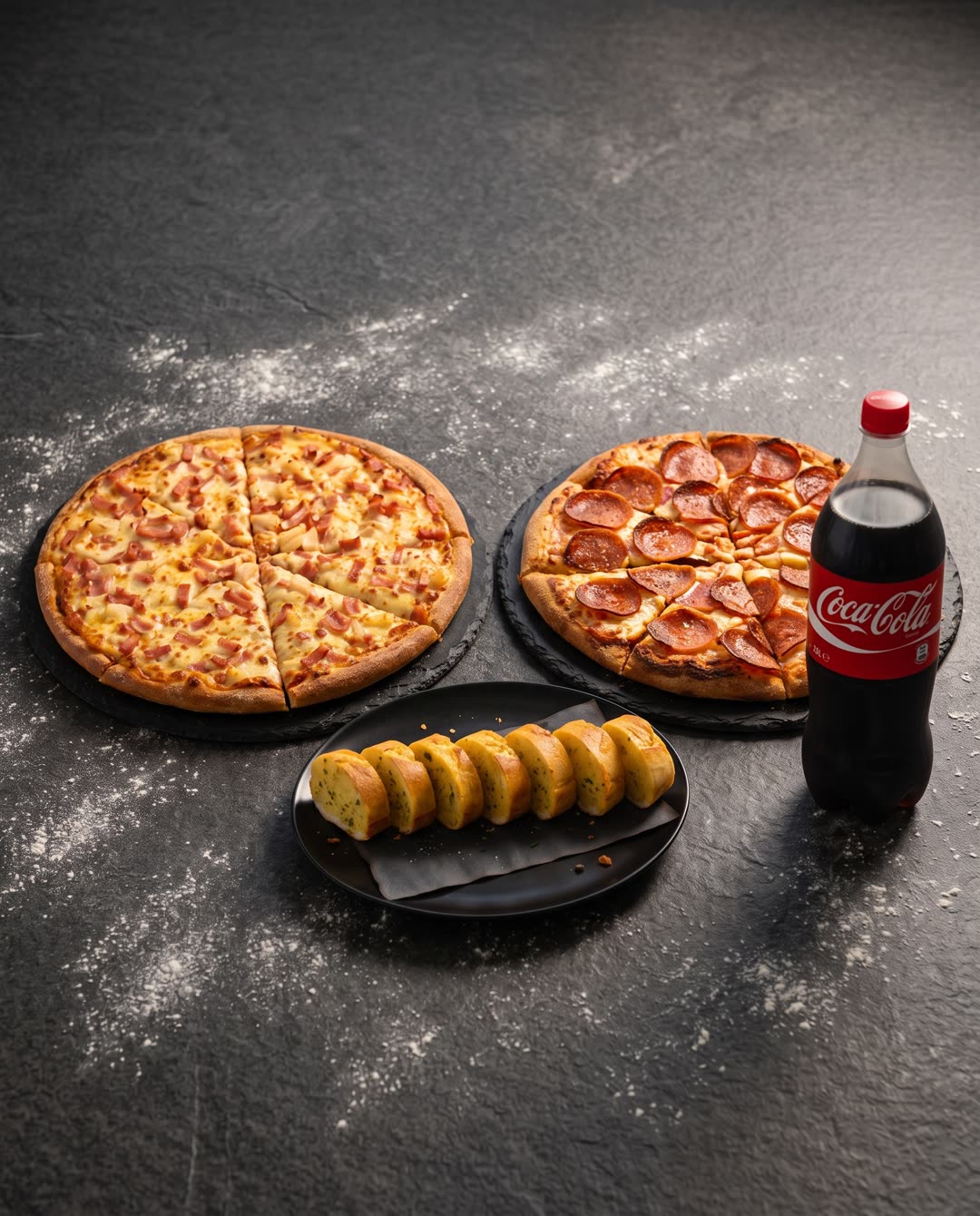 Two large Loaded Range pizzas, garlic bread and a 1.5L Coca-Cola on dark stone