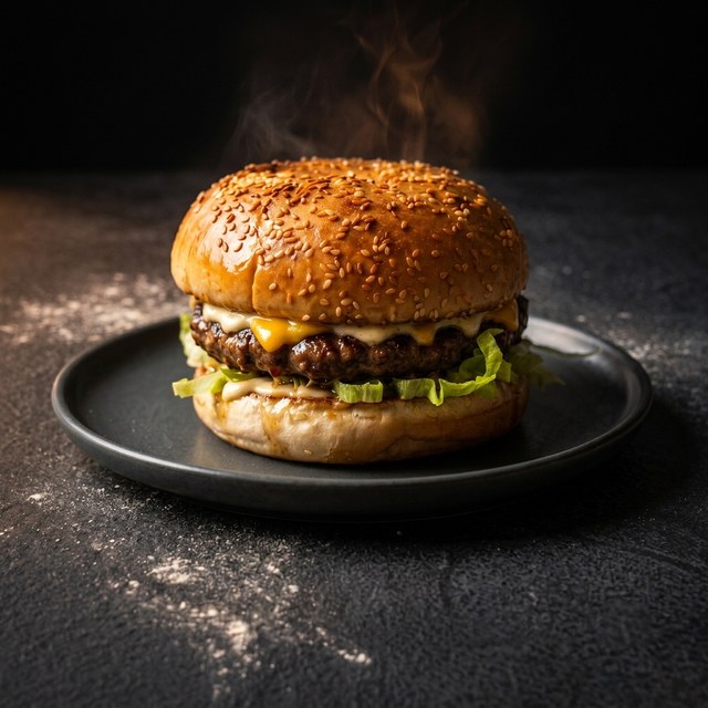 Angry Mutt Burger, beef with cheese, on a dark plate