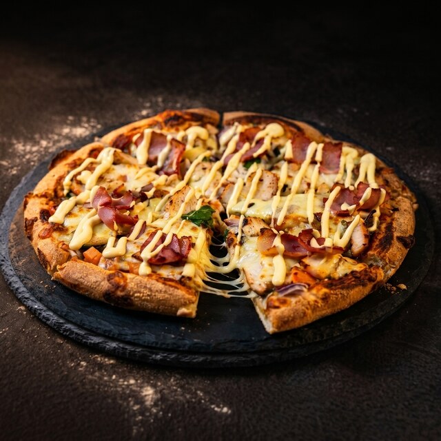 Camembert Chicken & Bacon pizza with a creamy drizzle on a dark slate board