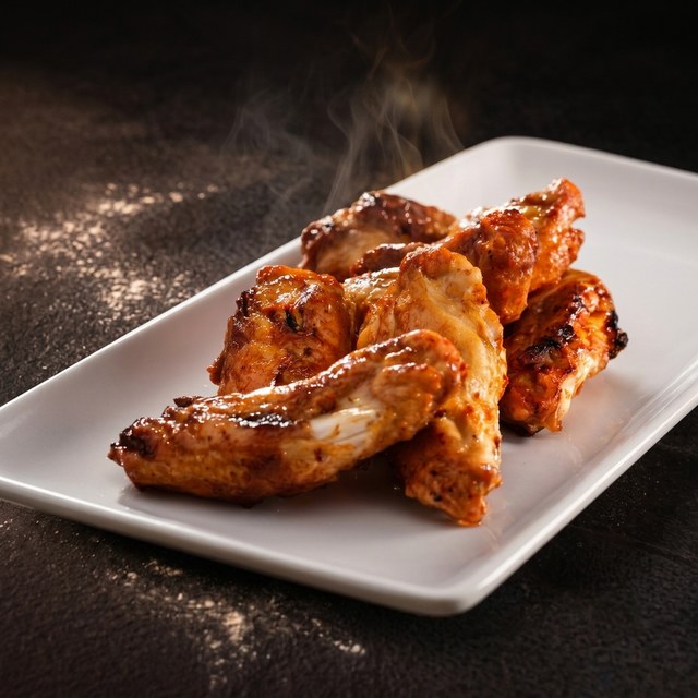 Chicken wings, available in 6 and 10 piece, on a white plate