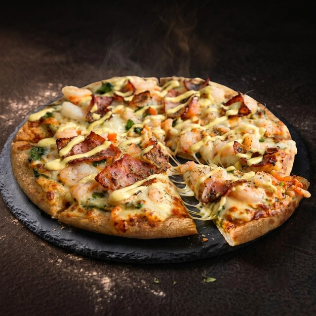 Creamy Prawns & Bacon pizza on a dark slate board