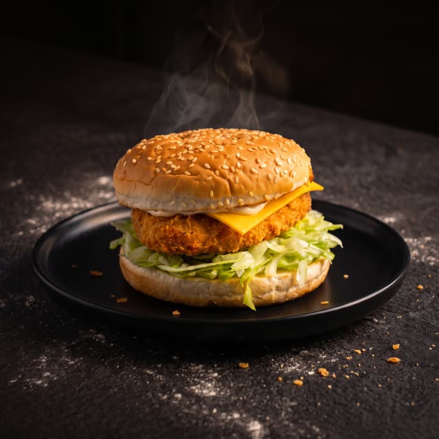 Crispy Chicken Burger with lettuce and cheese on a dark plate