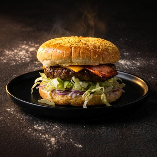 Kiwi Burger with beetroot, egg and cheese on a dark plate