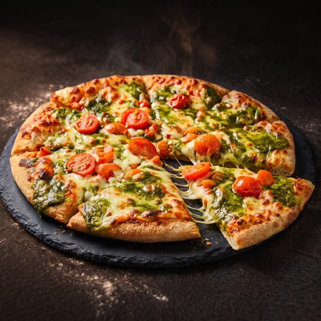 Margherita pizza, vegetarian, with tomato and basil on a dark slate board