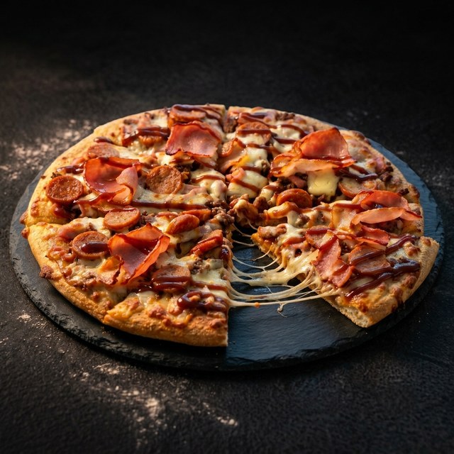 Meat Lovers pizza — ham, pepperoni, beef and BBQ sauce on a dark slate board