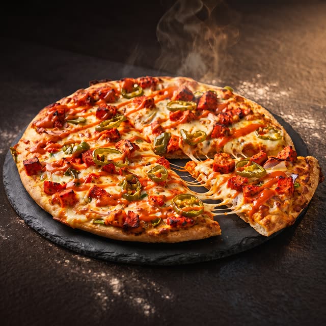 Paneer Pasanda pizza, vegetarian, on a dark slate board