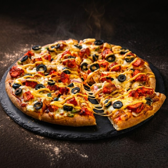 Peppy Paneer pizza, vegetarian, with olives on a dark slate board