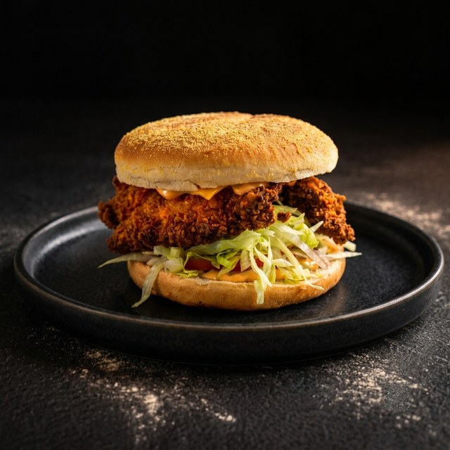 Peri Peri Chicken Burger with slaw on a dark plate