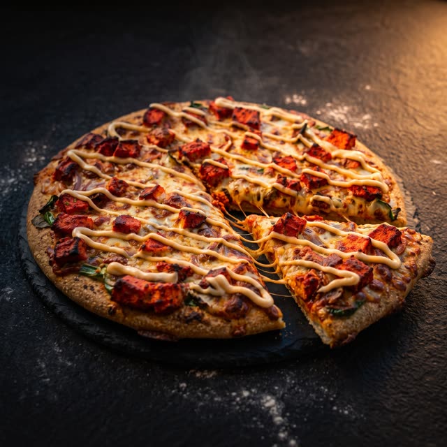 Peri Peri Paneer pizza, vegetarian, on a dark slate board